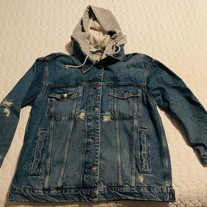 Distressed Denim Jacket with Gray Hoodie